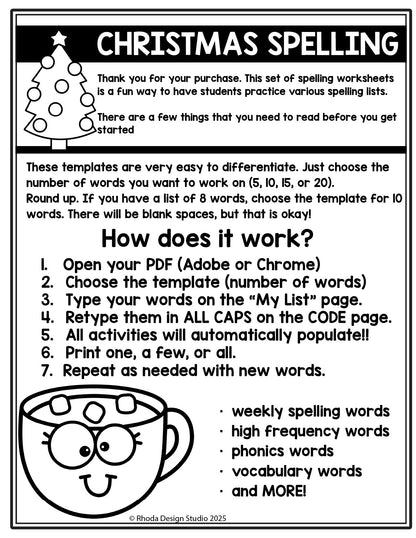 Christmas Editable Spelling Lists