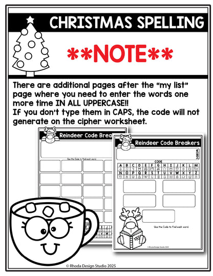 Christmas Editable Spelling Lists