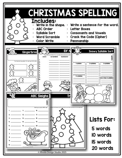 Christmas Editable Spelling Lists