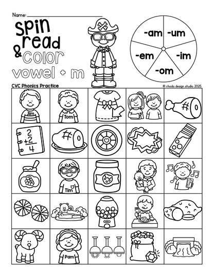Spin and Color CVC Word Worksheets