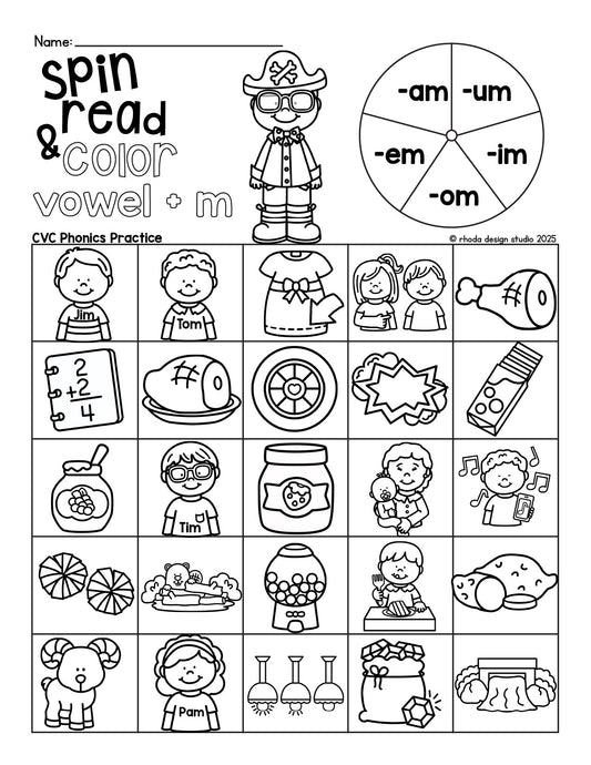 Spin and Color CVC Word Worksheets