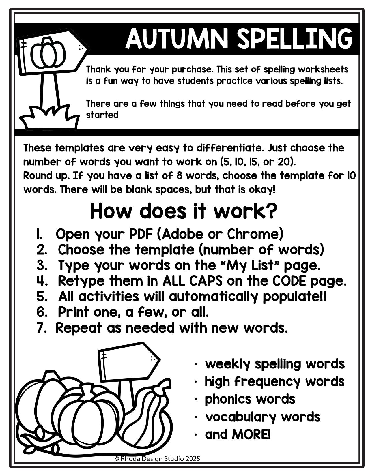 Autumn Editable Spelling Lists