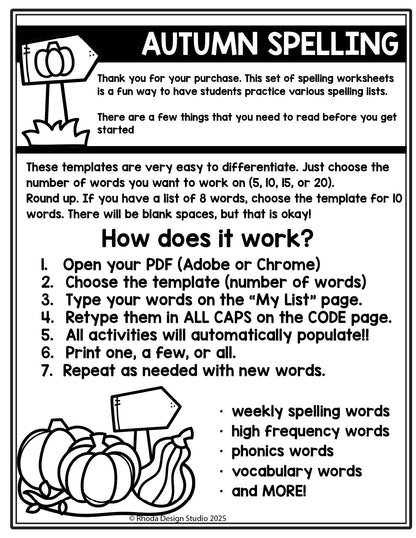 Autumn Editable Spelling Lists