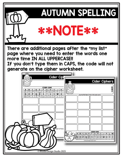 Autumn Editable Spelling Lists