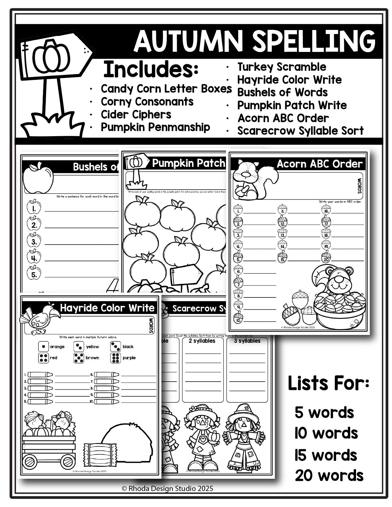 Autumn Editable Spelling Lists