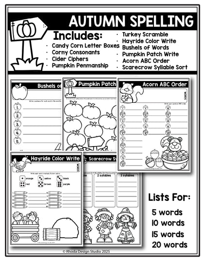 Autumn Editable Spelling Lists