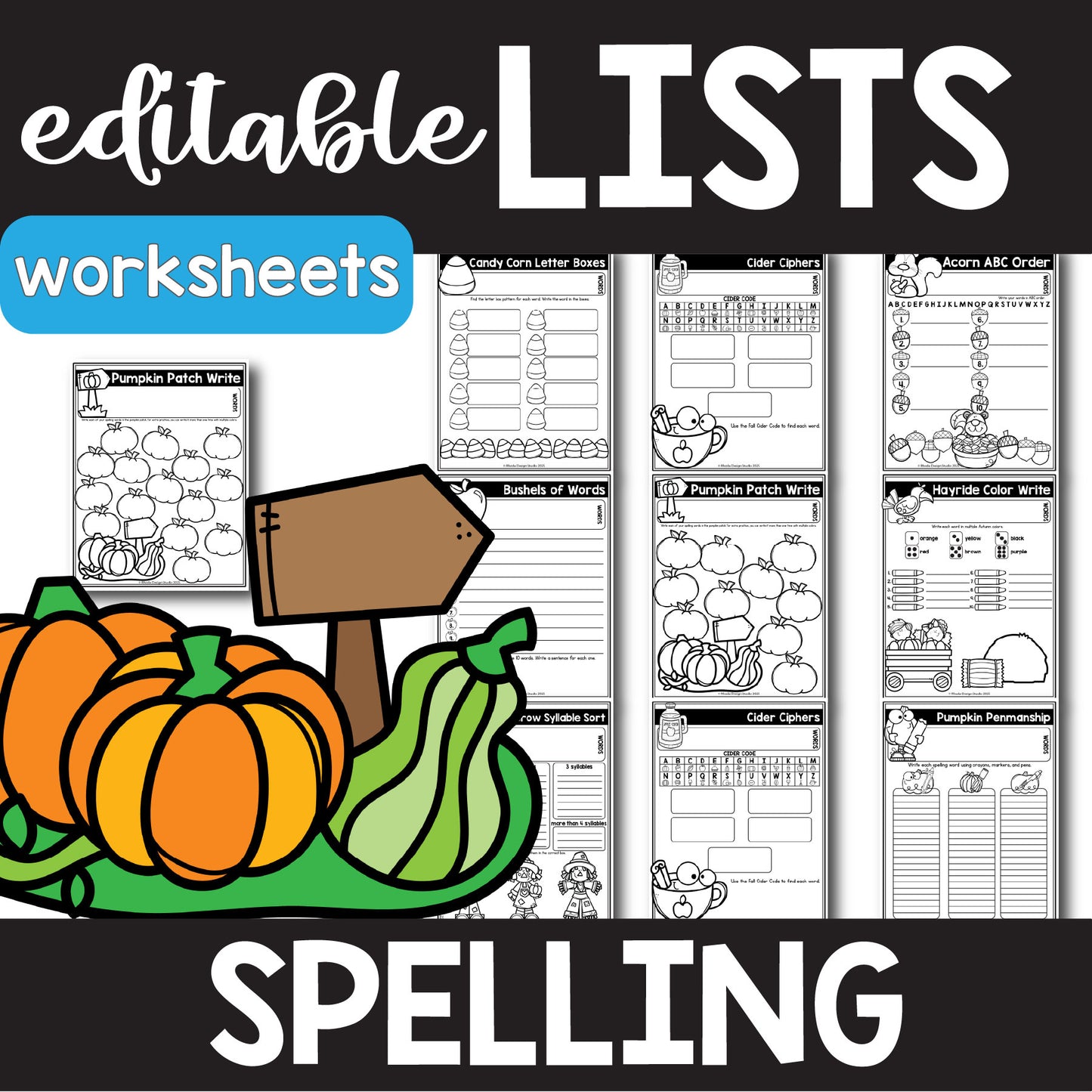 Autumn Editable Spelling Lists