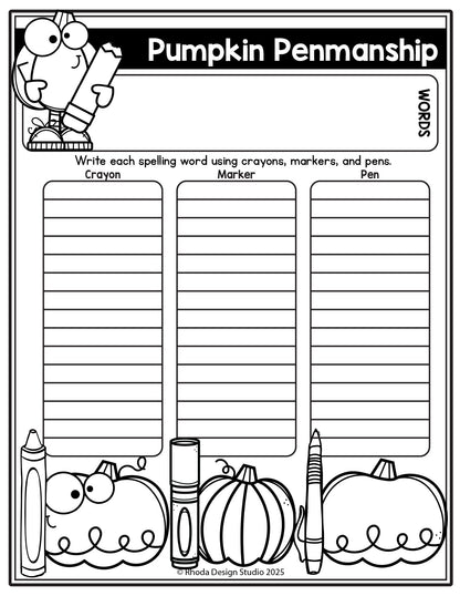Autumn Editable Spelling Lists