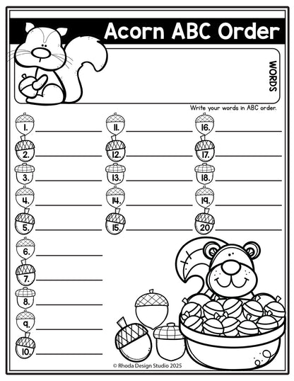 Autumn Editable Spelling Lists