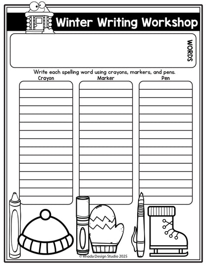 Winter Editable Spelling Lists