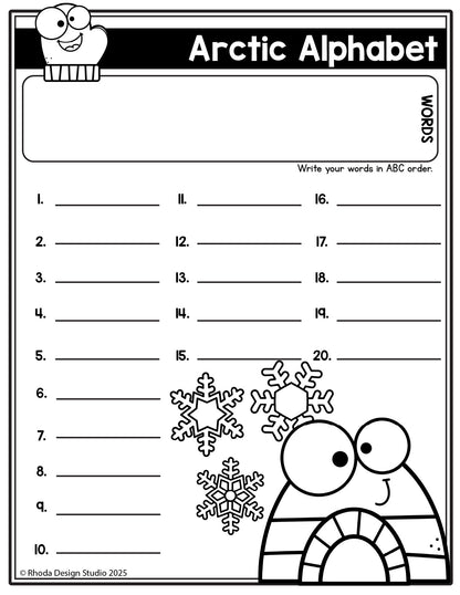 Winter Editable Spelling Lists